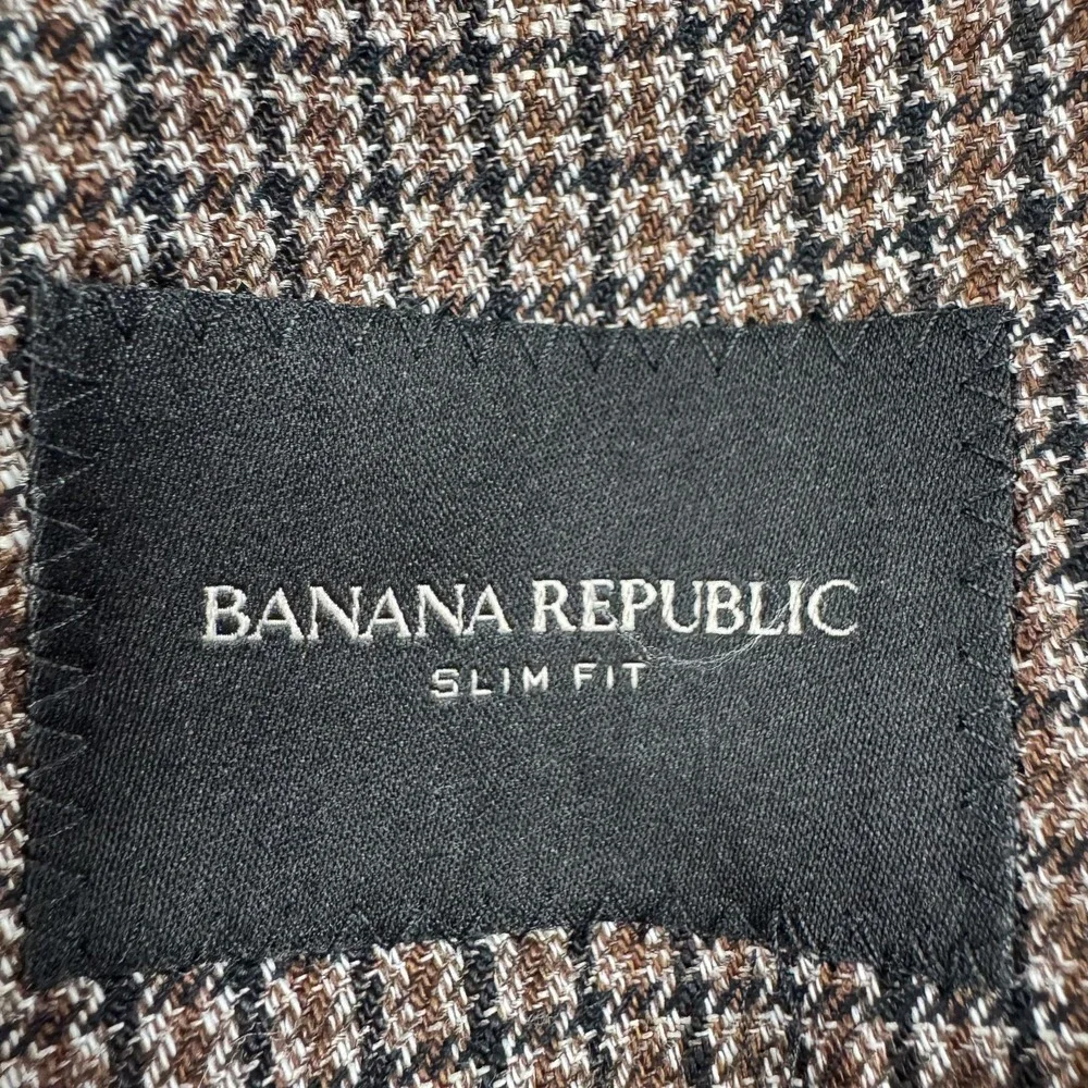 Banana Republic Blazer Mens 44R Brown Check Linen Cotton Tweed Sport Coat Jacket